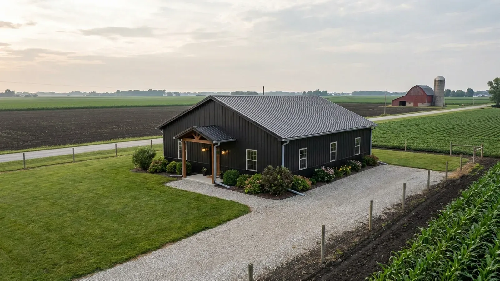 A compact 30x40 barndominium sized like a starter home or cabin, with a covered entry porch and no large shop bay.