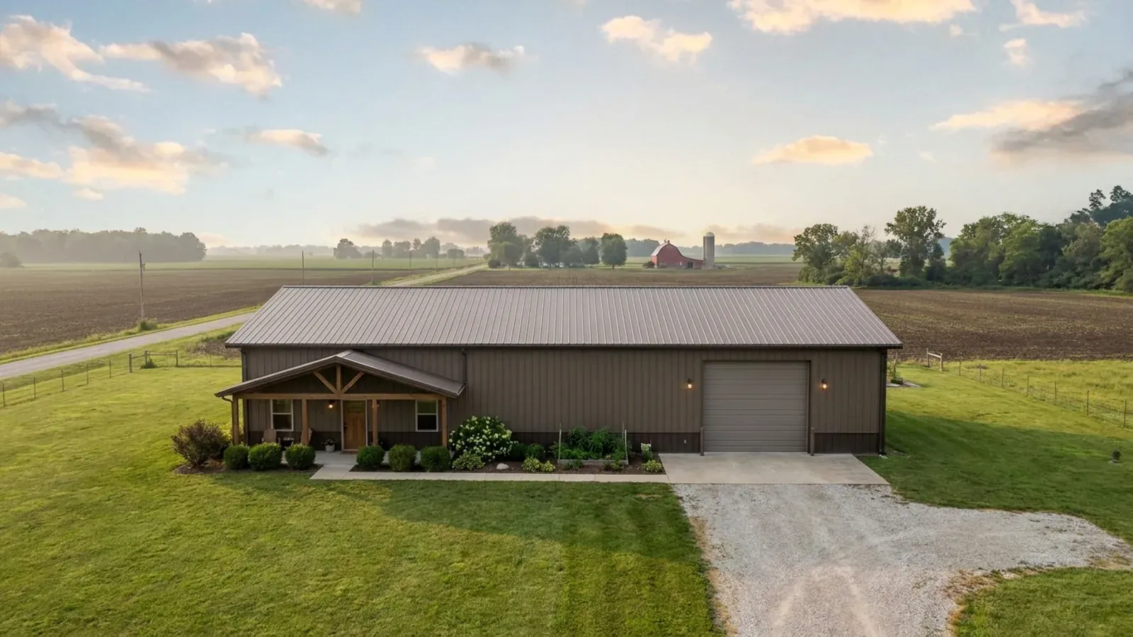 A completed 40x60 barndominium showing a residential entry on one end and a wide shop door on the other under one continuous roof.