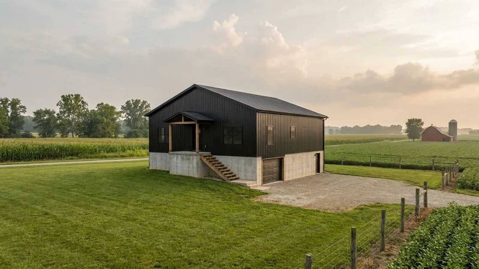 A barndominium raised on a stem-wall foundation with steps up to the entry and enclosed storage space beneath the elevated floor.