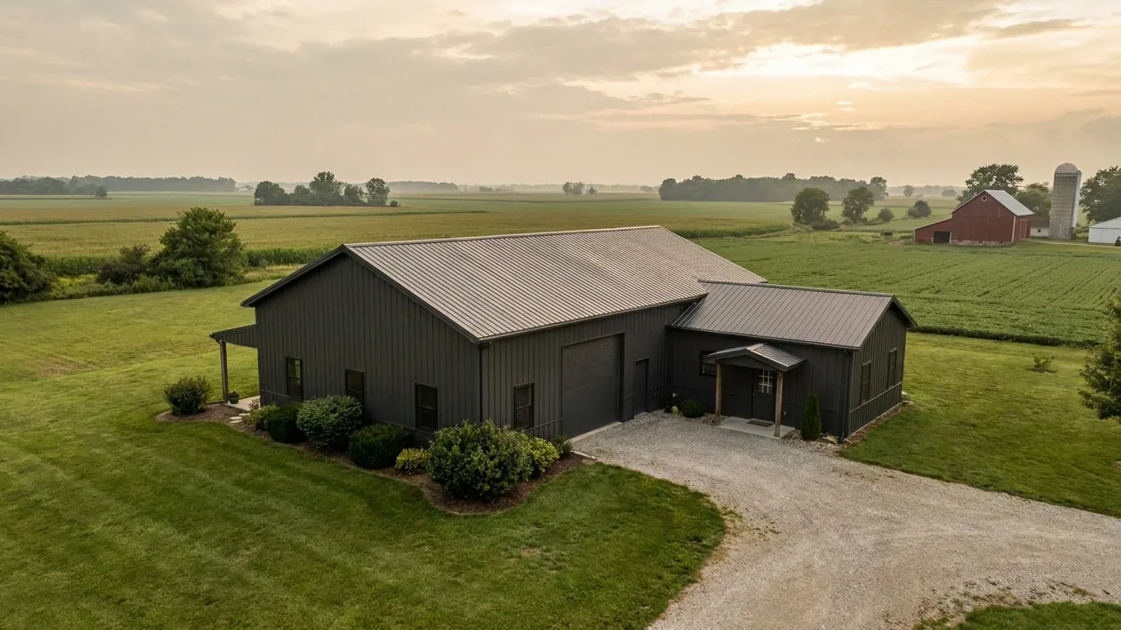 A barndominium with a smaller attached in-law suite wing that has its own separate covered entry, distinct from the main entry.