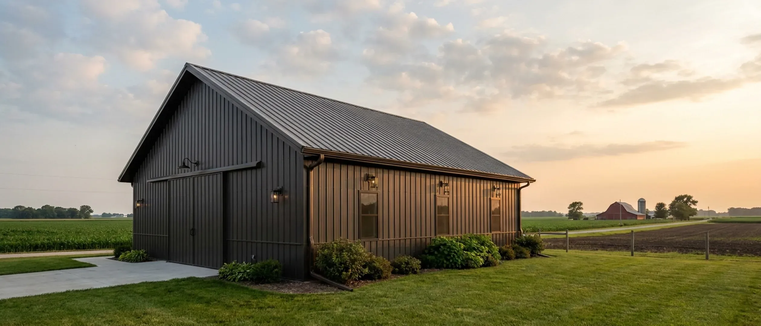 A completed barndominium viewed from a low angle showing its standing seam metal roof, vertical wall panels, gutters and exterior wall lights.