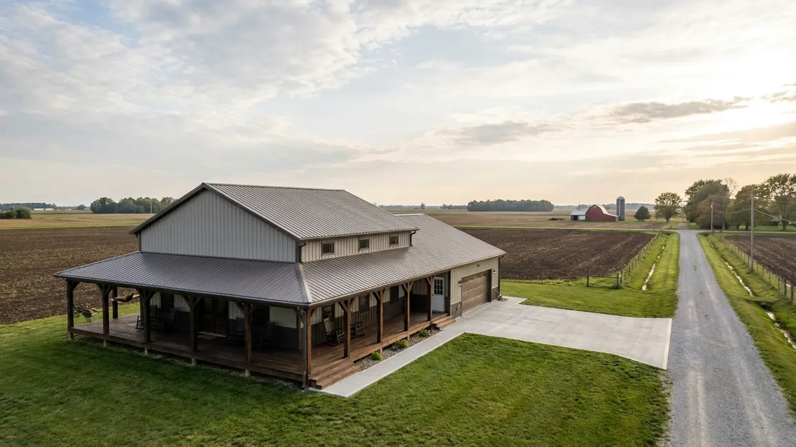 A barndominium exterior showing a deep wrap-around covered porch with posts and railing along two sides of the building.