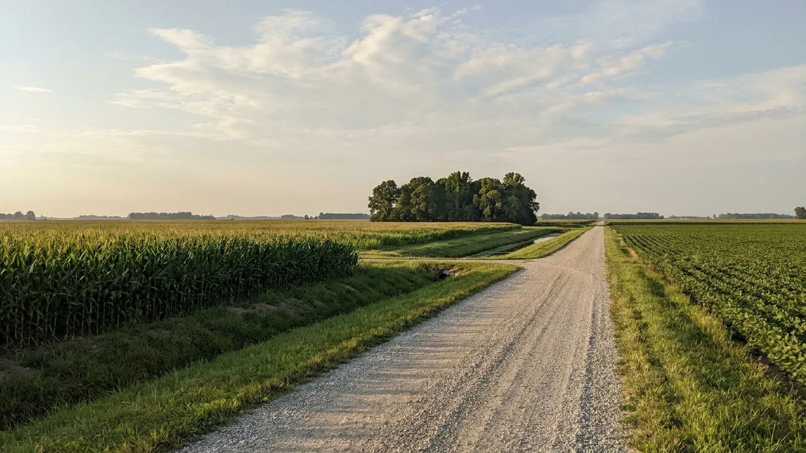 Flat corn and soybean fields on either side of a straight gravel county road at golden hour, with a hardwood woodlot on the horizon.
