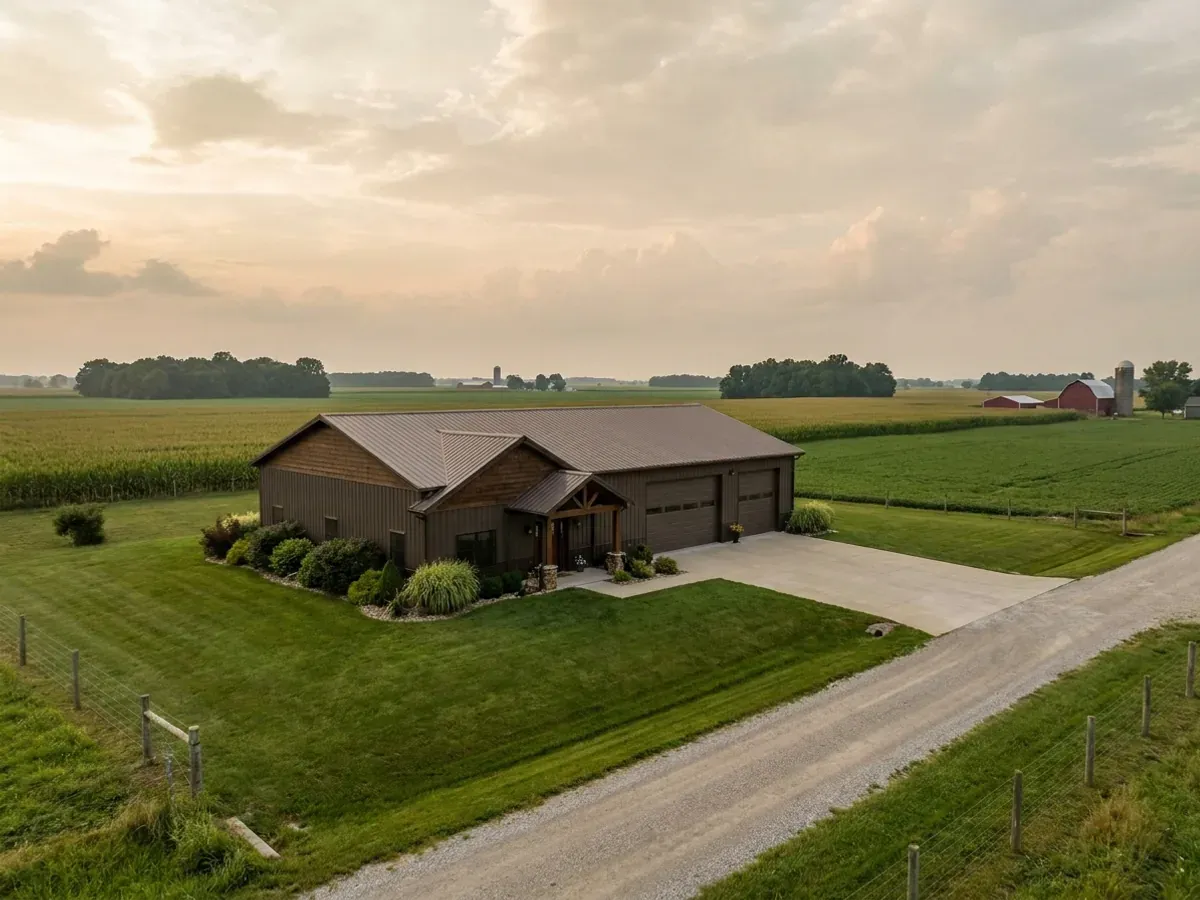 A completed barndominium home viewed from the front corner, with finished landscaping, a covered entry porch and an attached shop bay.