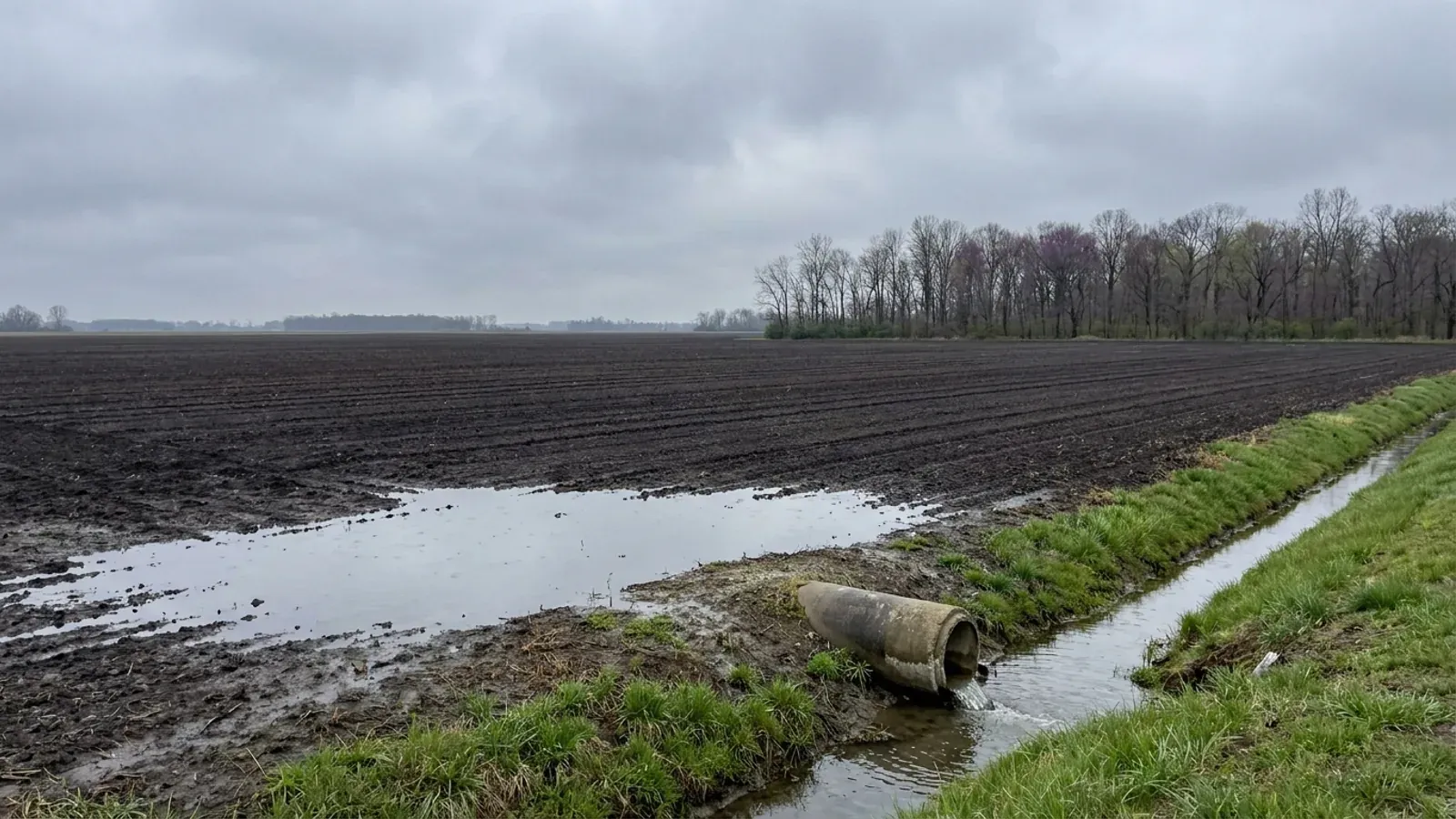A freshly worked field of nearly black soil with standing rainwater and a drainage tile outlet on dead-flat farmland under grey spring skies.