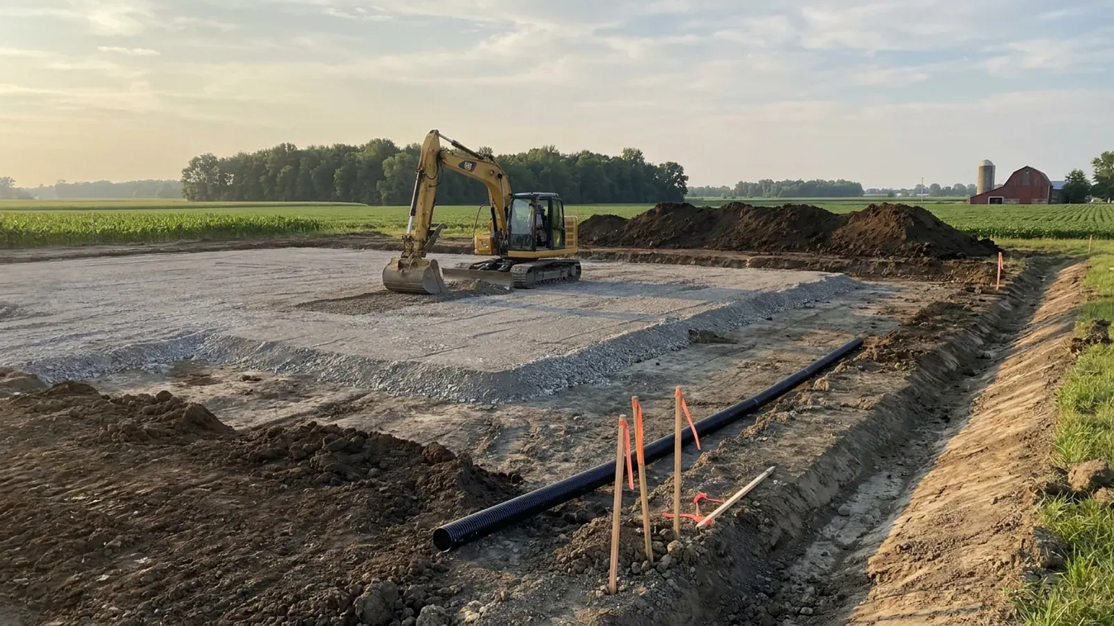 An excavator grading a compacted building pad on a cleared lot, with survey stakes and a drainage swale visible.