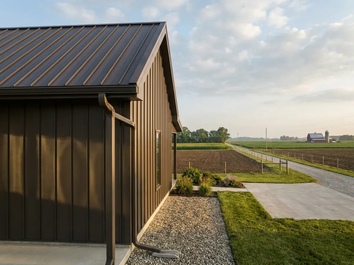 Exterior detail of a metal-clad home showing standing seam roofing, vertical wall panels, and a downspout discharging away from the wall.