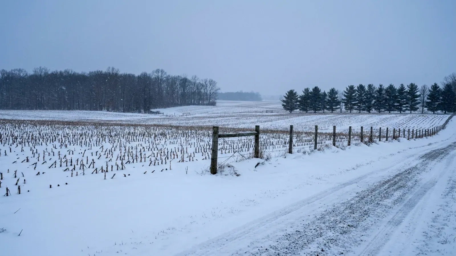 Snow-covered flat farmland with corn stubble and a buried fence line under an overcast winter sky, bare hardwood woodlot on the horizon.