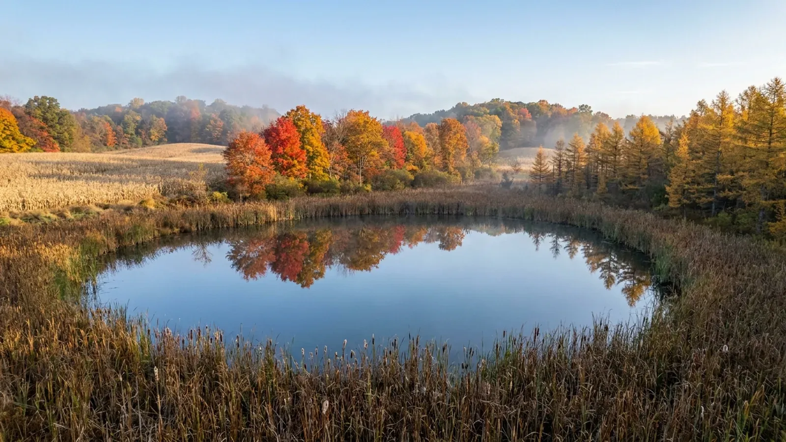 A small glacial kettle lake ringed with cattails and autumn maples and oaks, with low rolling moraine farmland beyond.