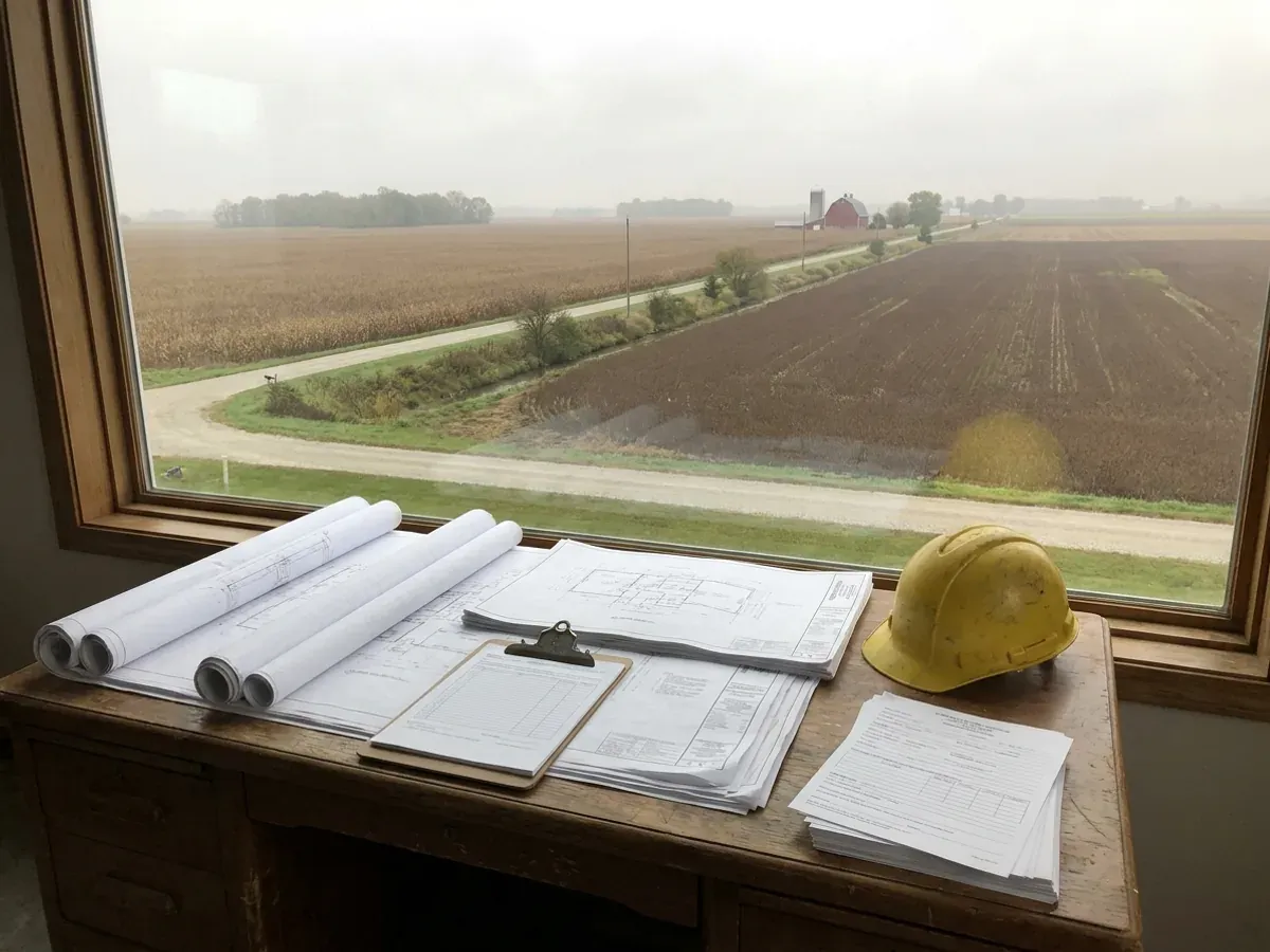 A building permit submittal package on a desk with rolled construction drawings, forms on a clipboard, and a hard hat.