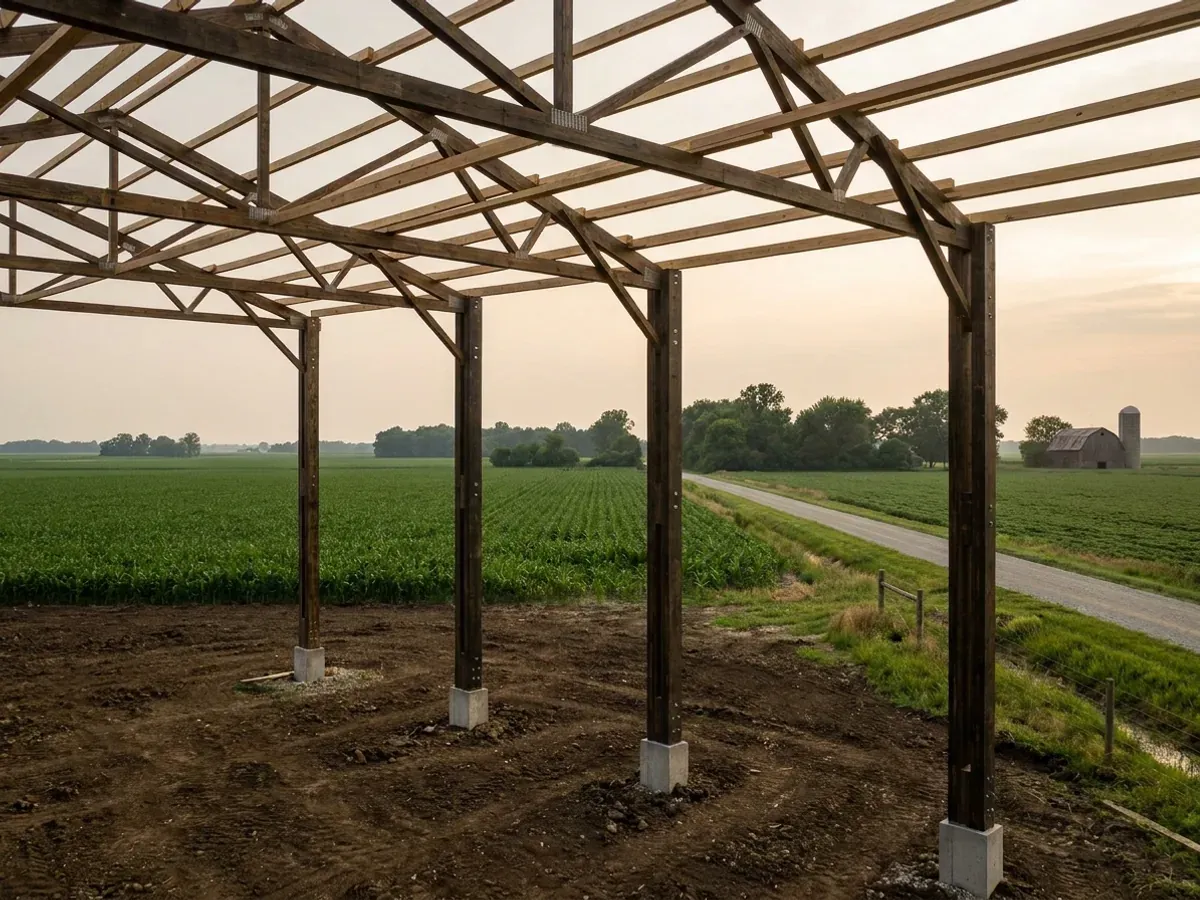 A post-frame home under construction, showing laminated timber columns on concrete piers and wide-span roof trusses with no interior bearing walls.