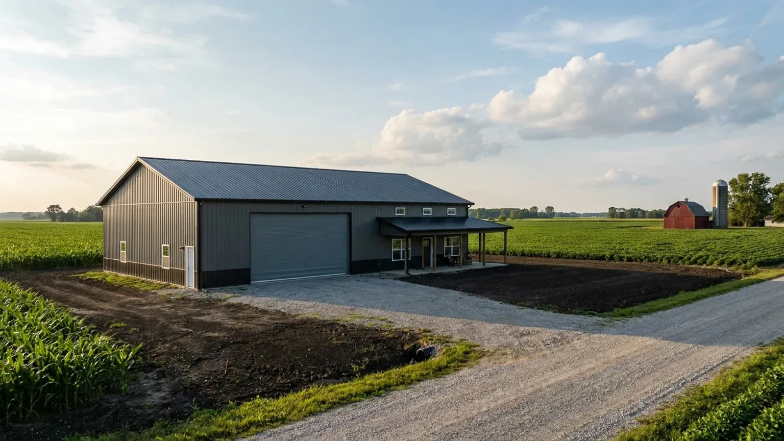 A barndominium with a tall, deep RV garage bay attached to the residence under one continuous roof.