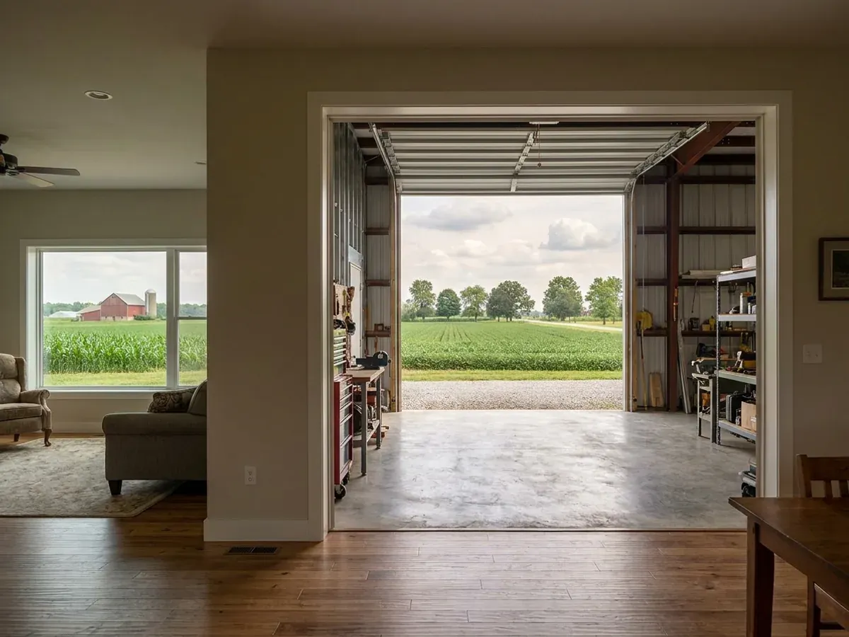 The interior of a shouse where a finished living area with warm flooring meets a shop bay with polished concrete and a tall roll-up door.