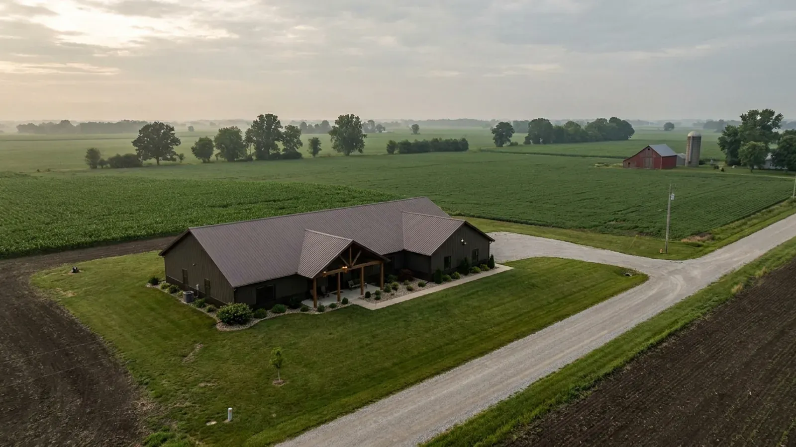 A completed single-story barndominium with a long, low roofline and no upper-level windows.
