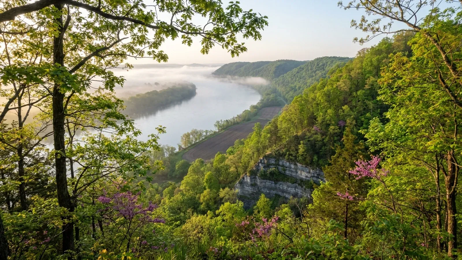 A wide river bend seen from a forested bluff top, with morning fog on the water, layered limestone in the bluff face and bottomland along the bend.