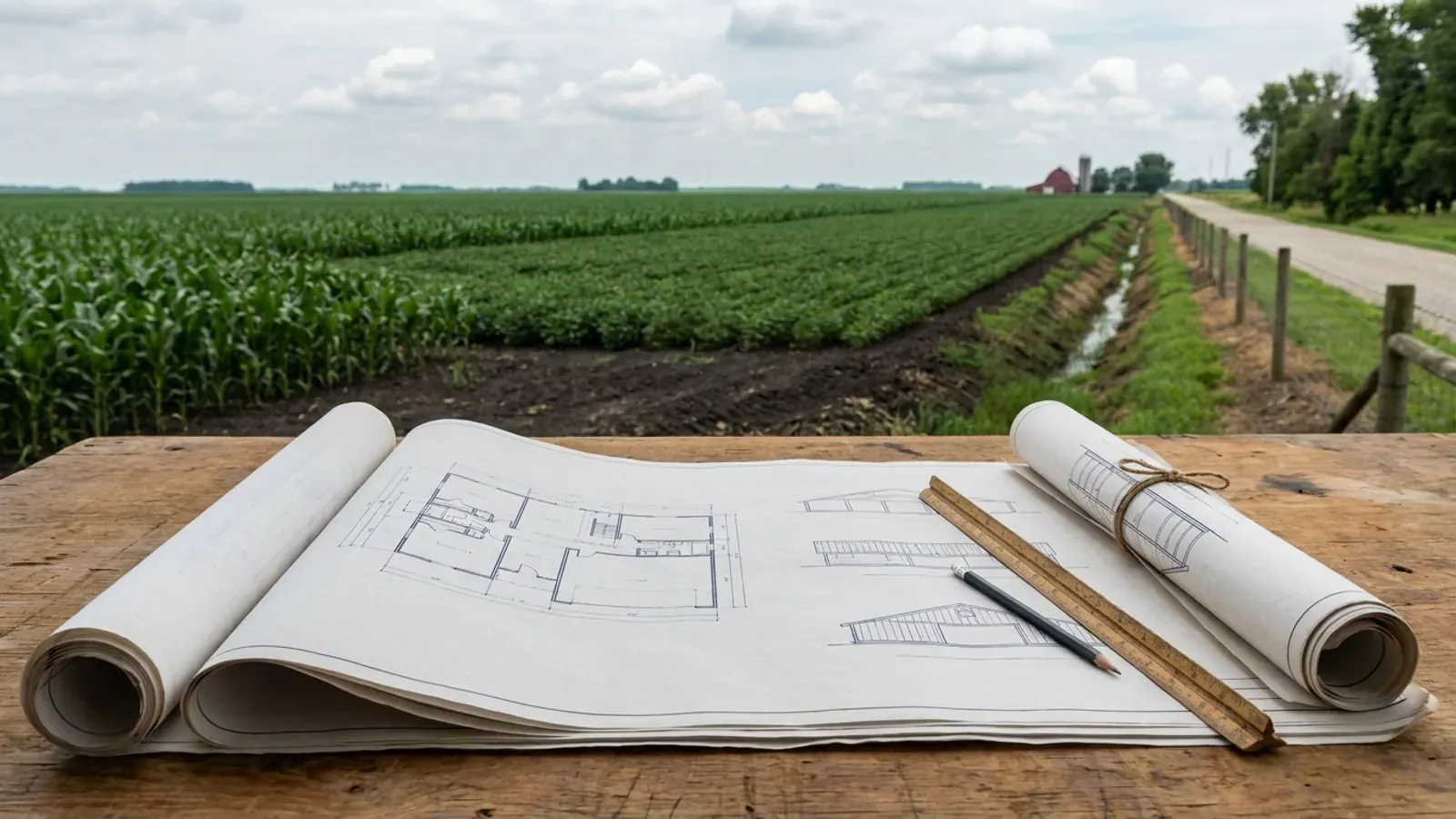Overhead view of architectural floor plan and structural elevation drawings spread on a workbench with a scale ruler and pencil.